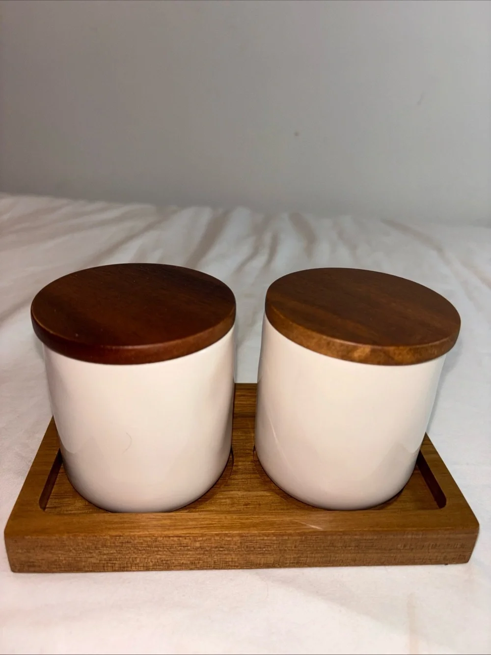 Rae Dunn  'Hello' and 'Pretty' Bathroom Storage Jars with Wooden Lids -